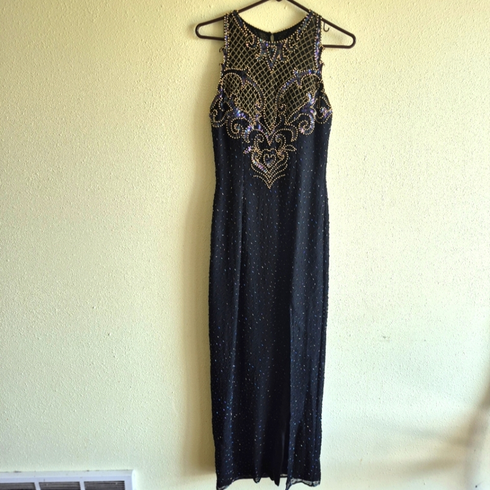 Vintage Sean Collection Formal Beaded Maxi Dress Gown Slit Size Medium